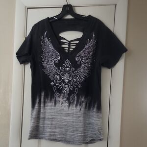 Black and Gray Women's Top with Rhinestone Design